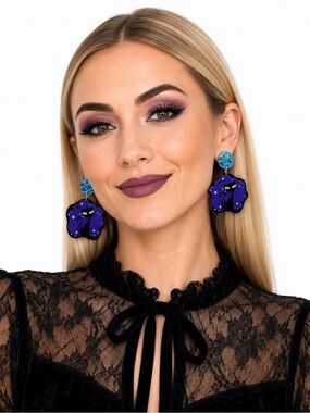 Halloween Spider Bat Scary Black & Purple Cat Glitter Stud Earrings